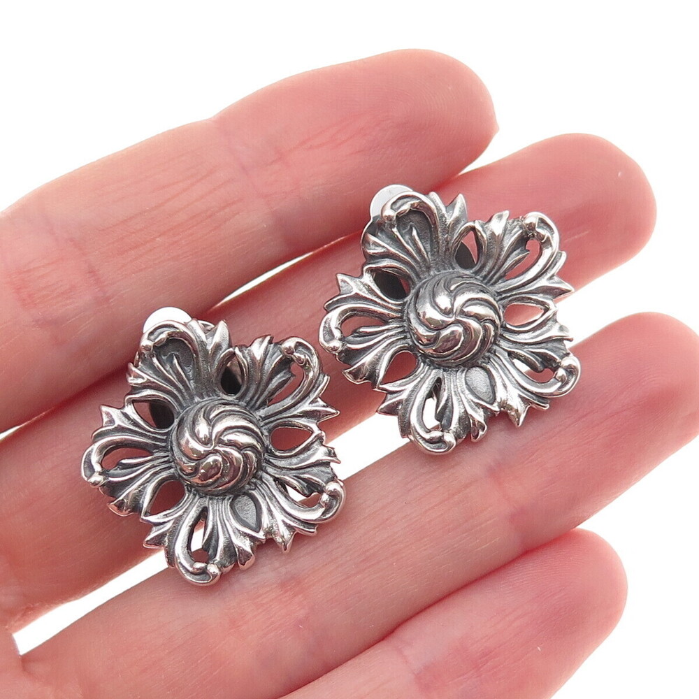 MFA Museum of Fine Arts Sterling Silver Vintage Floral Oxidized Clip On Earrings